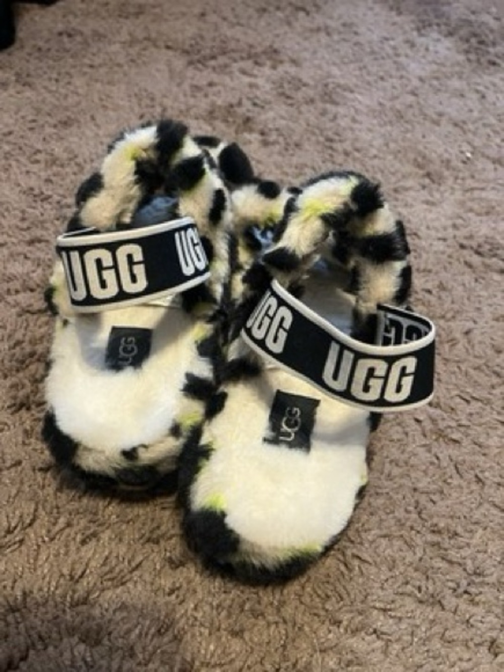 UGG Oh Yeah Cheetah -Print Plush Slide Sandals in Cream, Black & Neon Yellow - Picture 2 of 4